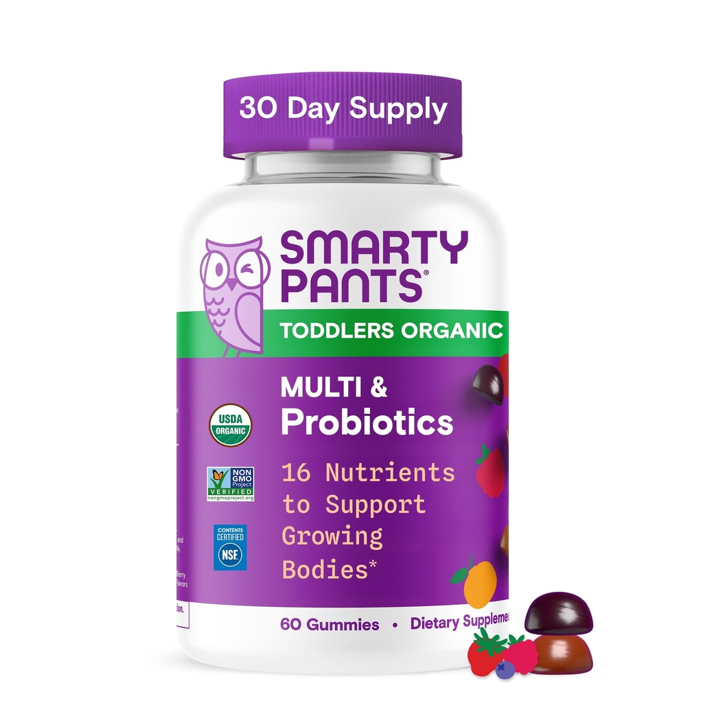 SmartyPants Organic Toddler Multivitamin Gummies: Προβιοτικά, Ωμέγα 3 (ALA), Βιταμίνη D3, C, Βιταμίνη B12, B6, A, K & Ψευδάργυρος, Beta Carotene, Χωρίς γλουτένη, Τρεις Γεύσεις φρούτων, 60 Count (30 Day Supply)