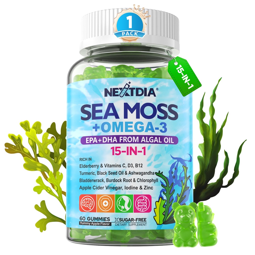 Sea Moss Gummies + Algae Omega-3 for Men Women, Sugar-Free Vegan 15IN-1 Irish Seamoss Superfood with/EPA DHA, Vitamins B12 D3, Turmeric, Elderberry, Burdock Root, Support Energy, Brain, Immune 1 Pack