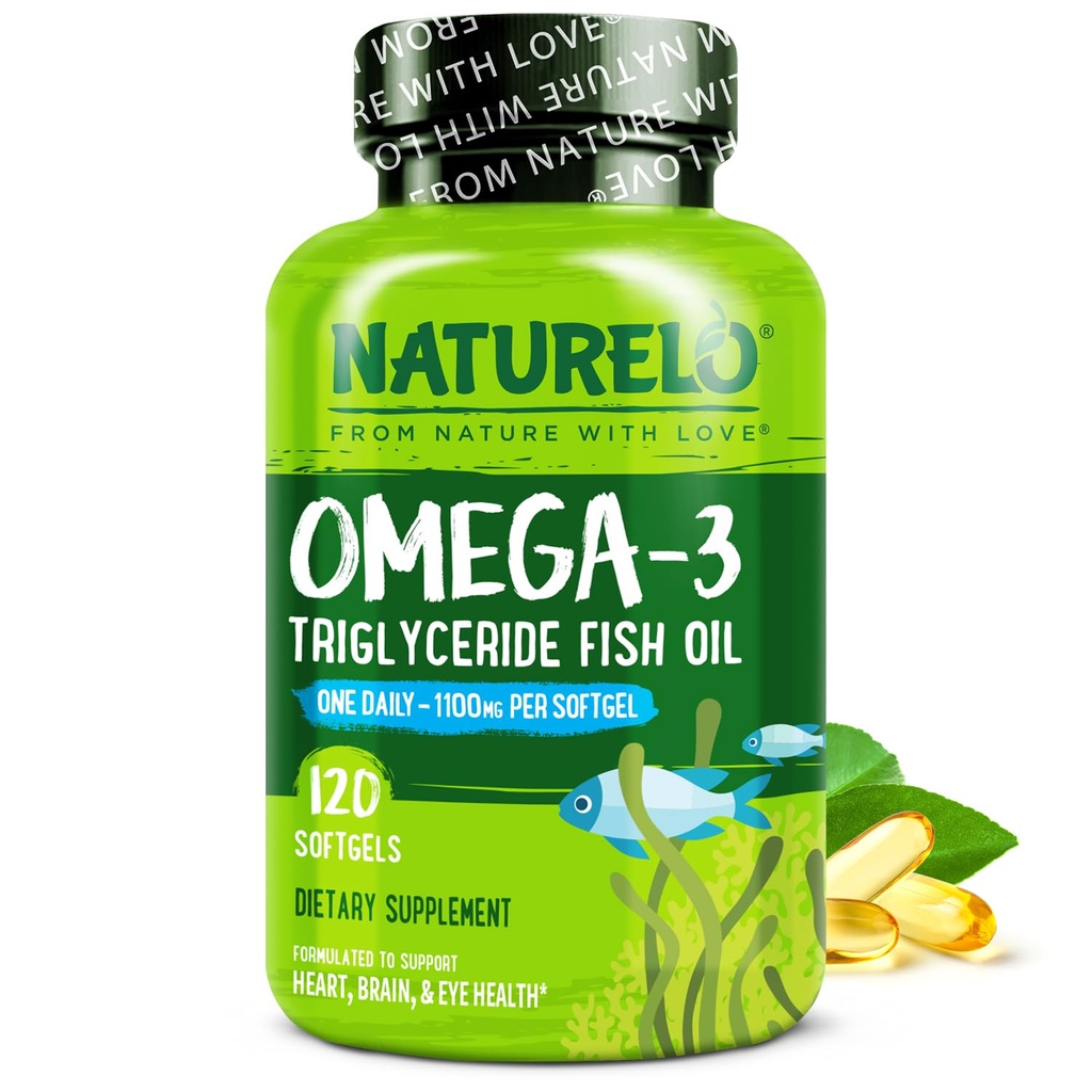 NATURELO Burpless Omega 3 Fish Oil Supplement - 1100mg Triglyceride Omega-3, EPA + DHA, Liquid Fish Oil for Heart, Eye, Brain, Joint Health - 120 Softgels, 4 Months Supply