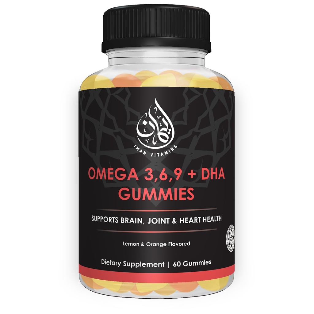Halal Omega 3 6 9 + DHA Gummies for Yetişkinler | Supports Eyes, Brain, Immune & Heart Health | Vegetarian & Gluten Free| C, Essential Fatty Acids & Plant-Based | 60 Count