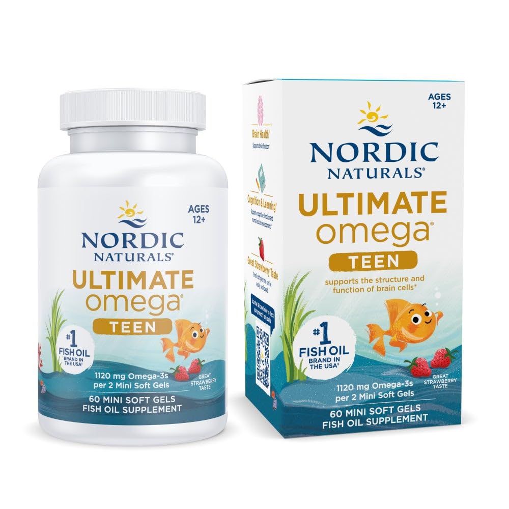 Nordic Naturals Ultimate Omega 2X Teen, Strawberry - 60 Mini Soft Gels - 1120 mg Total Omega-3s with EPA & DHA - Beyin Sağlığı, Olumlu Mood, Social Development, Learning - Non-GMO - 30 Servisler