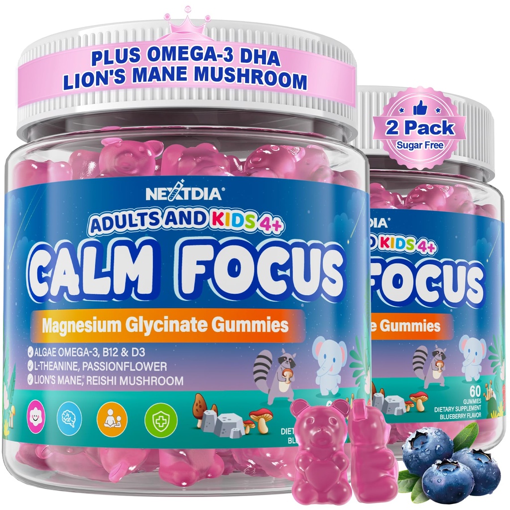 Focus Gummies for Kids & Adults, w/Magnesium Glycinate, Omega-3 DHA, Lion's Mane, L-Theanine, Methyl B12 & Vitamin D3, Brain Supplement Support Calm, Sleep, Attention, Concentration and Memory, 120Cts