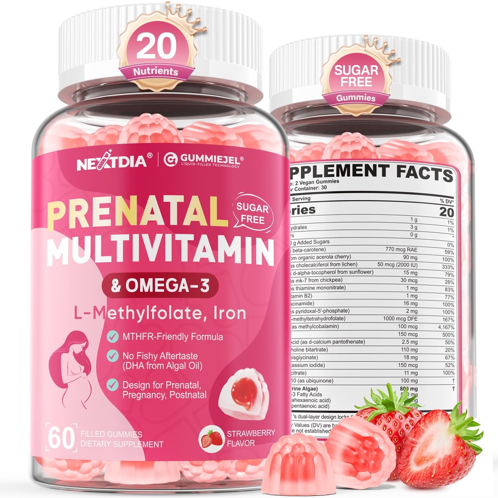 Prenatal Vitamins for Women Gummies, Methylfolate 1mg, Vegan Omega 3 DHA 800mg, Iron, Choline, Iodine, Vitamin D3 B6 B12 - Multivitamin for Women Before, During & After Pregnancy, Sugar Free, 60 Count