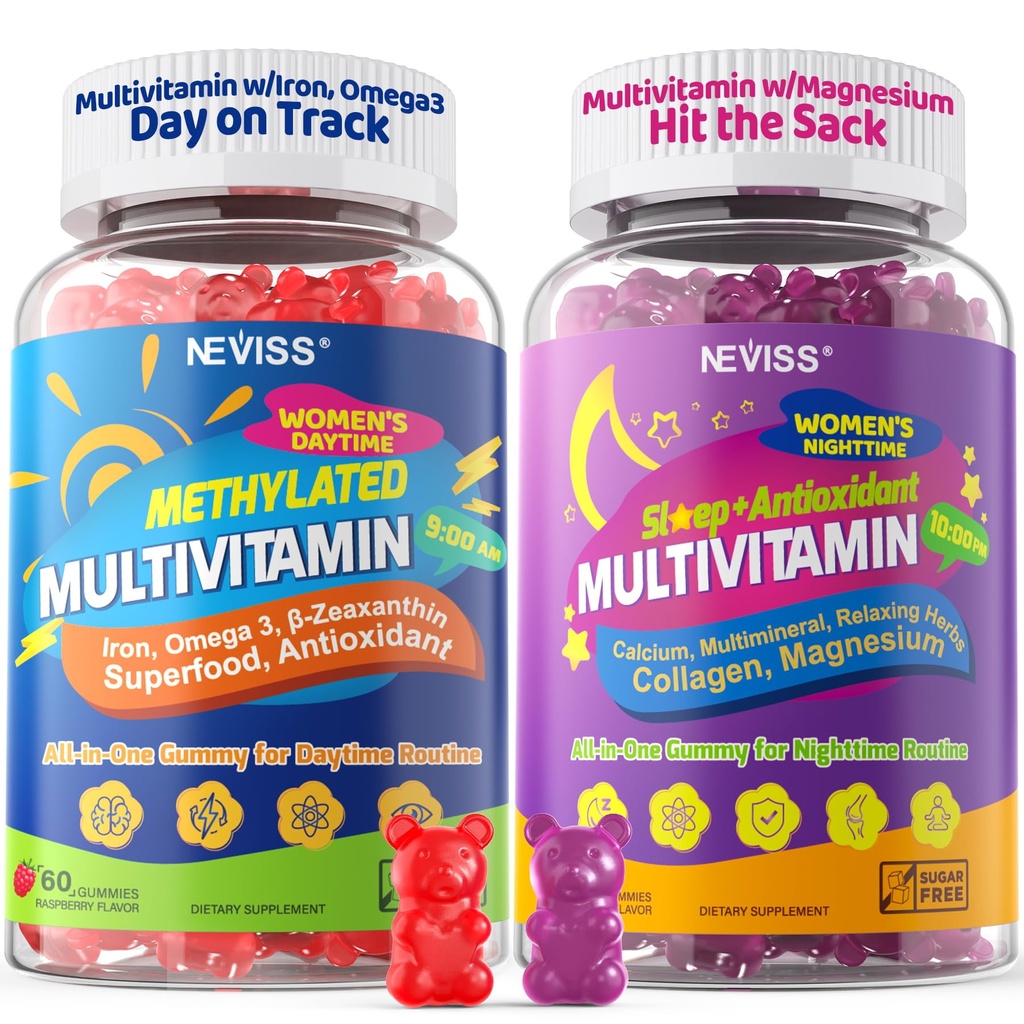 NEVISS 52-in-1 Methylated Multivitamin for Women Gummies with Iron, Omega-3, B6 B9 B12 for Day | Magnesium Glycinate, Calcium, Collagen for Night Renewal/Sleep, Womens 18 30 40 50 60 70+ AM PM Daily