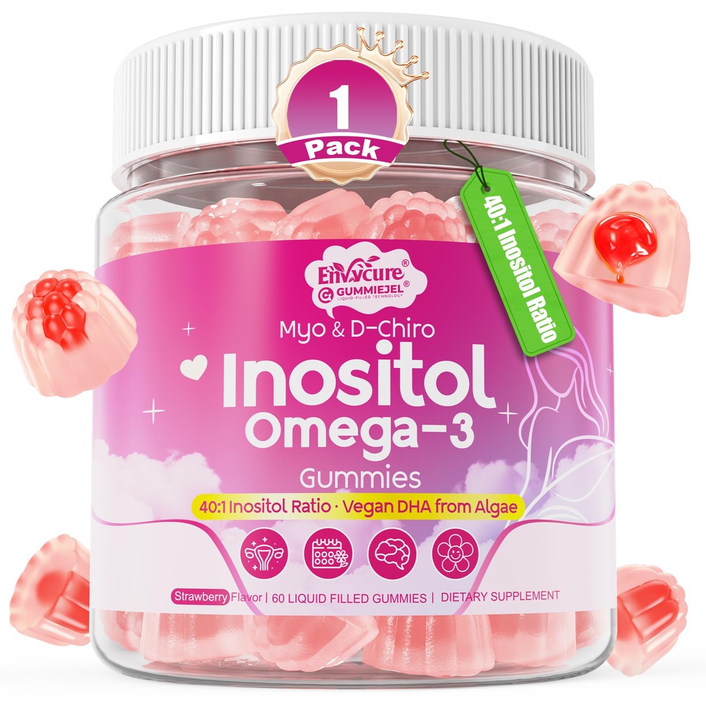 Myo-Inositol & D-Chiro Ideal 40:1, Inositol + Omega-3(3:1) Gummies, Kadınlar için Hormon Dengesi | Sugar Free Inositol Gummies w/Omega 3 DHA:EPA (3:1), Inositol Supplement for Cycle Health, Vegan, 60 Ct