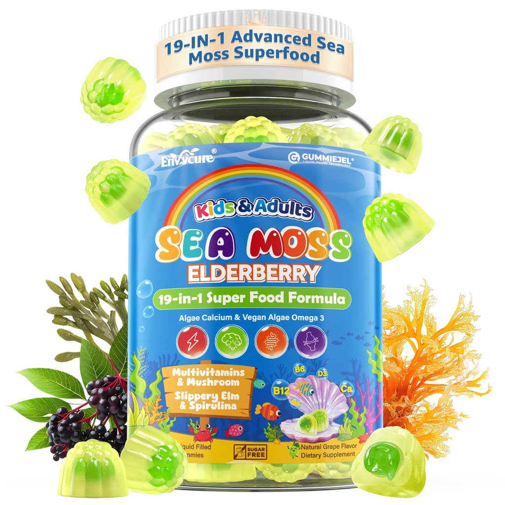 Sea Moss + Elder Gummies for Kids & Yetişkinler, 19-IN-1 Super Food with Spirulina, Algae Omega 3, Algaeuba, Ashwagandha, Mushroom, Vitamins D3, C for Immune, Gut, Bone, Energy, Brain,Vegan 60Cts