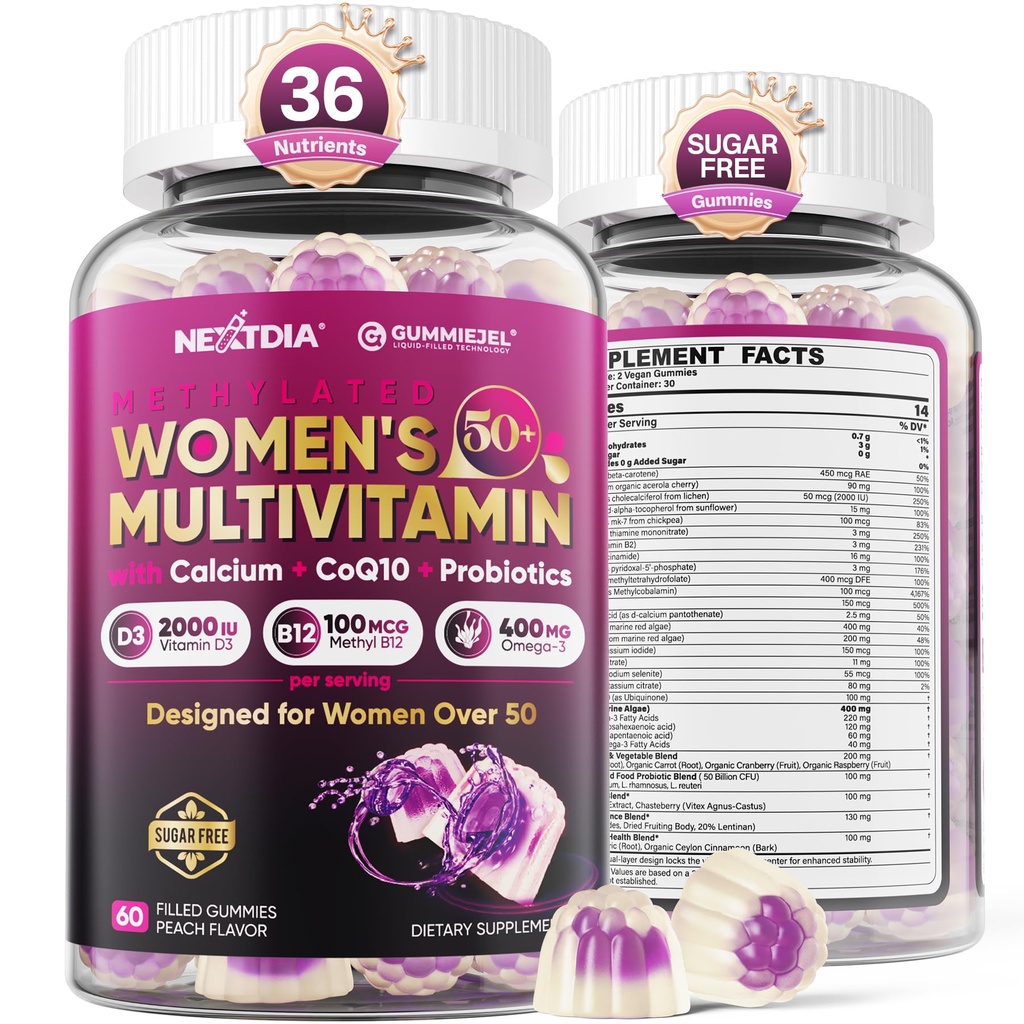 Kadınlar için Multivitamin 50 Plus Gummies, Vegan Omega 3, Metilfolate, Kalsiyum, D3 K2, CoQ10, Daily Vitamin A C E, Me Complex, çinko - Bone, Energy, Longevity - Sugar Free, 60Count