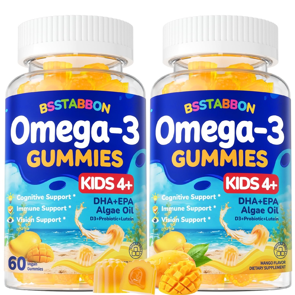 Vegan Omega 3 Gummies for Kids 4+: Natural Omega-3 Fatty Acid Supplement DHA EPA with Vitamin D3 B12 Probiotic Lutein Zinc for Overall Health - No Fish Taste Multivitamin for Kids(120Count)
