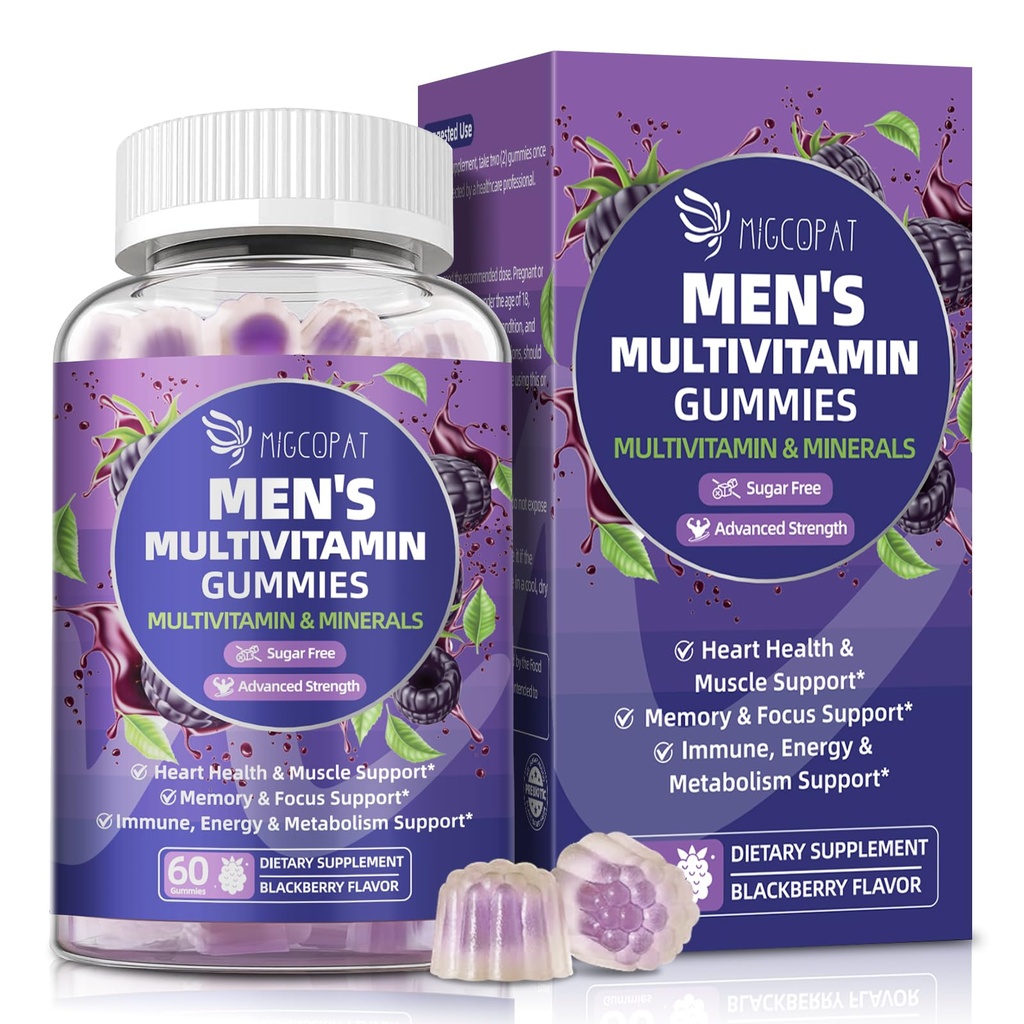 Multivitamin for Men, Mens Multivitamins Gummies w/Omega-3, Probiotics, Inositol, Folate, Biotin, Zinc, Vitamins A, C, D, E, B, - Support Heart, Brain, Muscle, Energy, Sugar-Free, Blackberry Flavor