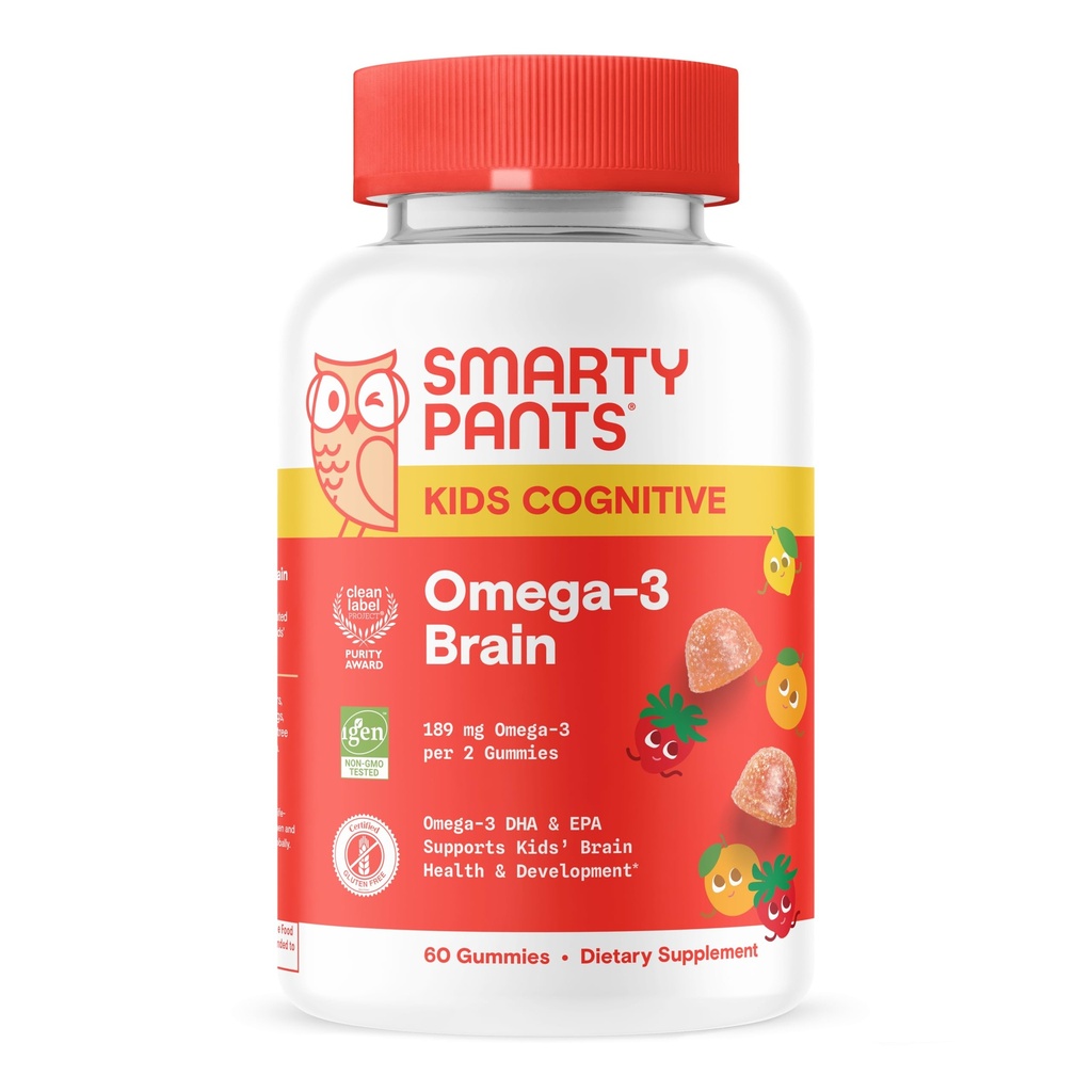SmartyPants Kids Vitamins Cognitive Omega-3 Brain Gummies with DHA & EPA, Citrus Strawberry, 60 Count (30 Day Supply)