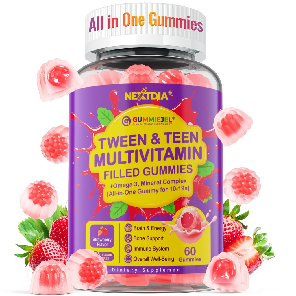 Nextdia Multivitamin, Genç Erkek Kızlar için Gummies 12-17, 18, 19, Çocuklar Omega 3 ile 10+ Multivitamin, Adolescent 10-19S Beyin, Bone, Energy, Immune