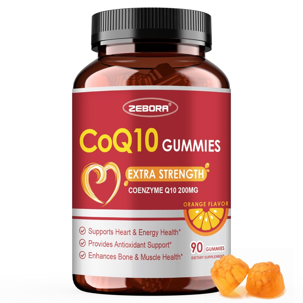 ZEBORA CoQ10 200 mg Gummies, High Abpole Coenzyme Q10 Supplements with Omega-3, Heart & Energy Support, Güçlü Antioksi, Orange Flavor, 90 Gummies