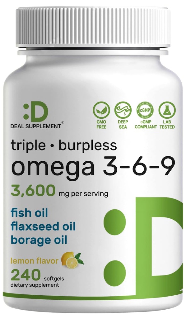 Triple Omega 3-6-9 Fish Oil Supplements 3,600mg – 240 Softgels with Flaxseed Oil & Borage Oils Complex – High EPA + DHA – Burpless Pills, Lemon Flavored, Wild Caught – Heart, Joint, & Brain Support