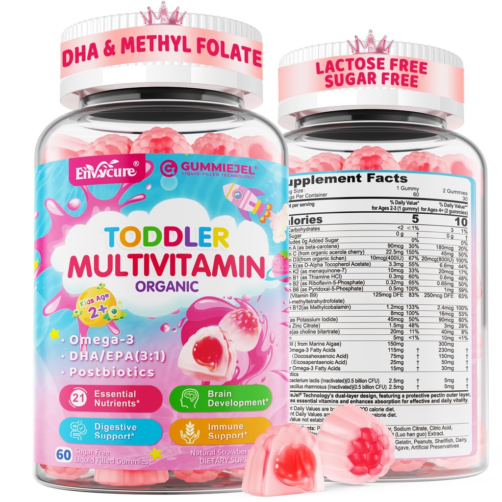 Organik Toddler Multivitamin Gummies (Ages 2-3) | Omega-3 (DHA/EPA), Postbiyotikler, A C D3 K2 Torch B12 Folate çinko | Kids Multivitamin for Immune, Digestive, Brain Development, Sugar-Free, 60Cts