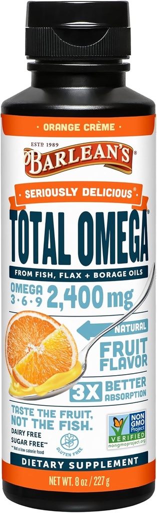 Barlean'ın Total Omega 3 6 9 Orange Crème Liquid Fish Oil Supplement with Borage and Flaxseed Oil, 2,400 mg of Omegas EPA and DHA Plus GLA for Joint and Heart Health, 8 oz