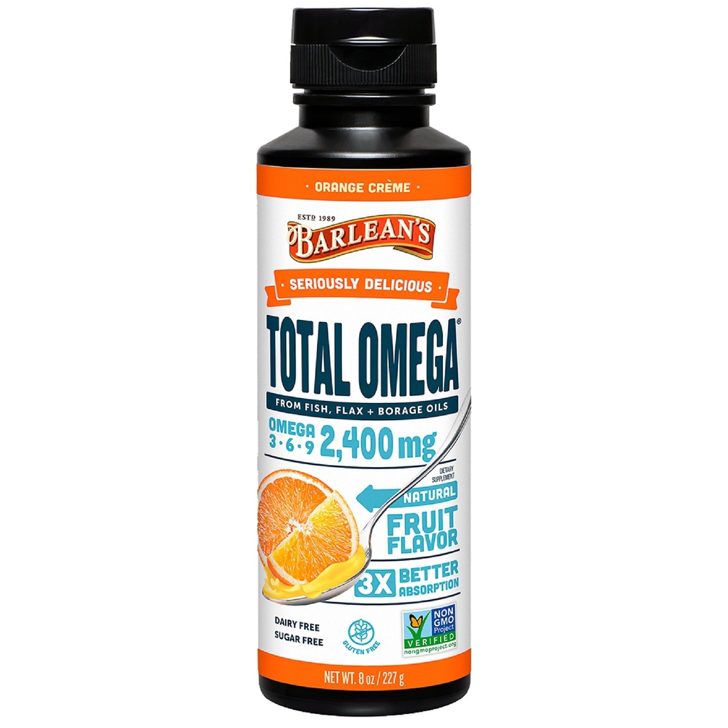 Barlean's Total Omega 3 6 9 Orange Crème Liquid Fish Oil Supplement with Borage and Flaxseed Oil, 2,400 mg of Omegas EPA and DHA Plus GLA for Joint and Heart Health, 8 oz