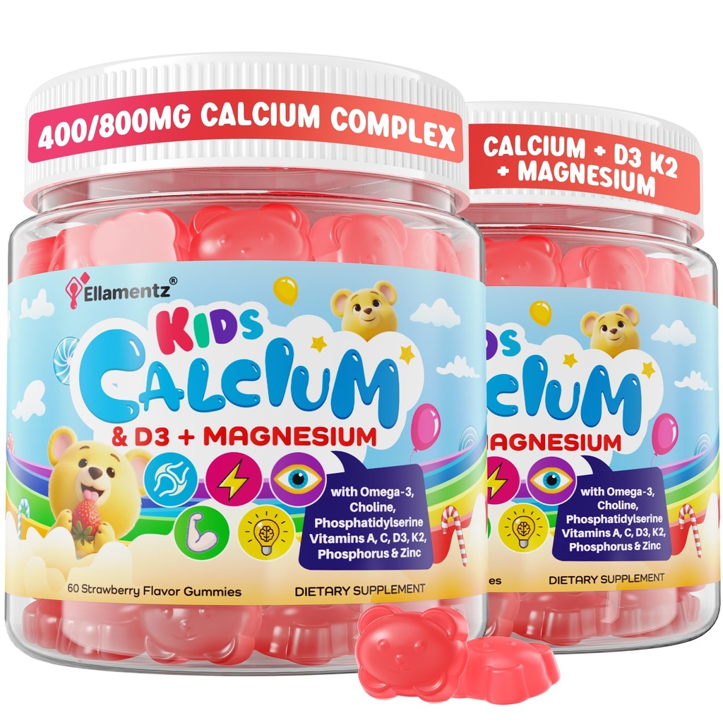 Calcium Gummies + D3 & Magnesium for Kids & Teens, w/Calcium Citrate Calcium Algae Calcium Milk, Omega-3 (DHA/EPA), Vitamins A, C, K2, Choline, Zinc, Vitamins Gummies for Bone, Grôwth & Brain, 2 Pack