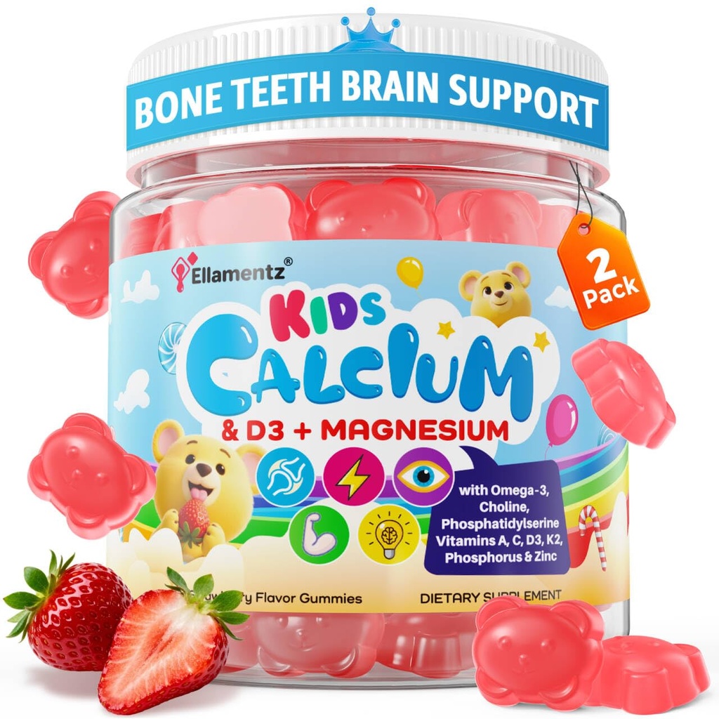 Kalsiyum Gummies + D3 & Çocuklar ve Gençler için, w/Calcium Citrate Food Algaeuba Süt, Omega-3 (DHA/EPA), Vitaminler A, C, K2, Choline, Çinko, Grôwth & Brain, 2 Pack