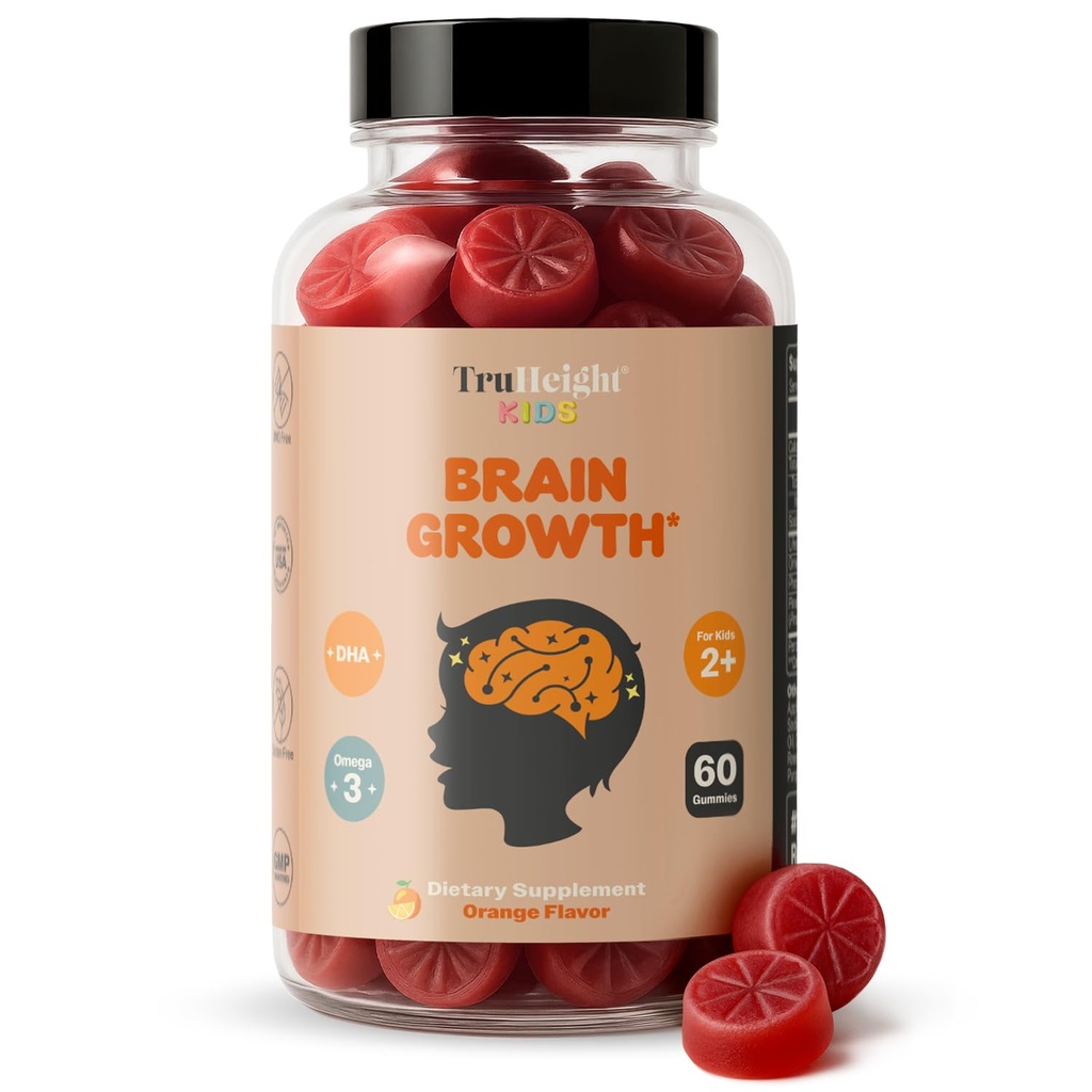 TruHeight Kids Brain Growth Gummies (Orange, Ages 2+) Tüm Doğal Çocuklar ve Gençler Vitaminleri - Omega 3 Gummies Beyin Büyümesini Destekler, Zihinsel Clarity, Focus, Eye Health, Memory Supplements, DHA Multivitamin