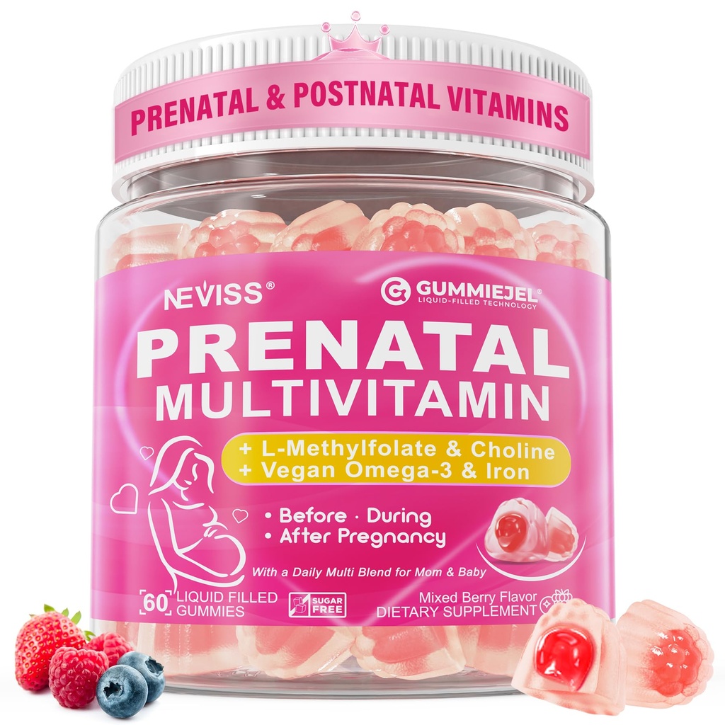 Prenatal Vitamins for Women Multivitamin Gummies w/ Methylfolate 1mg, Choline Omega-3(DHA+EPA) Iron, Postnatal Vitamins for Women Breastfeeding | Before,During & After Pregnancy,Sugar Free,Vegan,60Cts