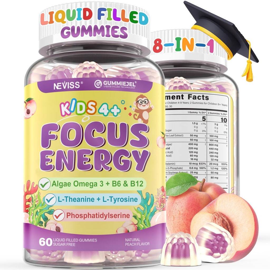 Çocuklar Odaklı Gummies - Vegan Omega 3 DHA, Phosphatidylserine, L-Tyrosine, Torchated B6 & B12 for Kids & Teen Support Dikkat, Memory, Nootropic, Sugar Free 60cts