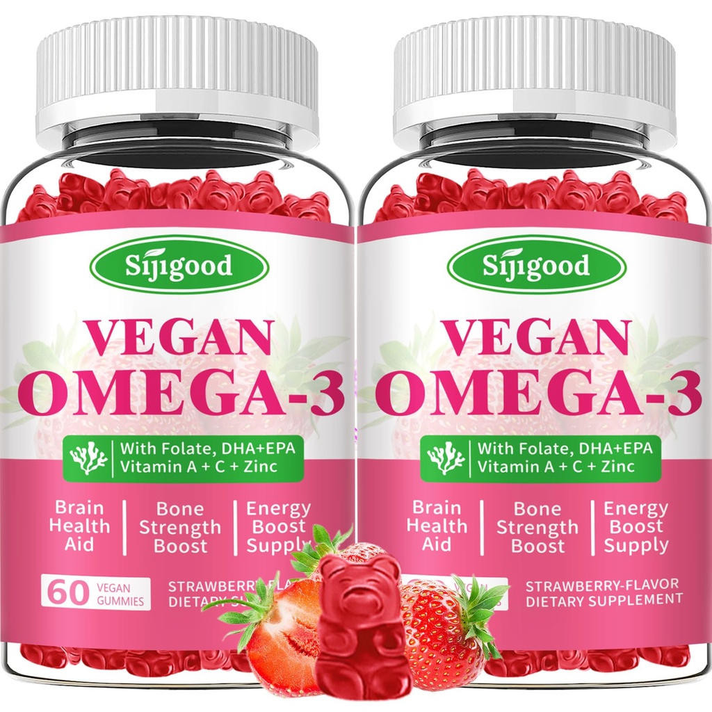 Omega-3 Gummies Potent Algae Omega Source, Boost Brain, Eye & Immune Function, with DHA and EPA Vegan & Sugar Free, Strawberry Flavor, 120 Kont