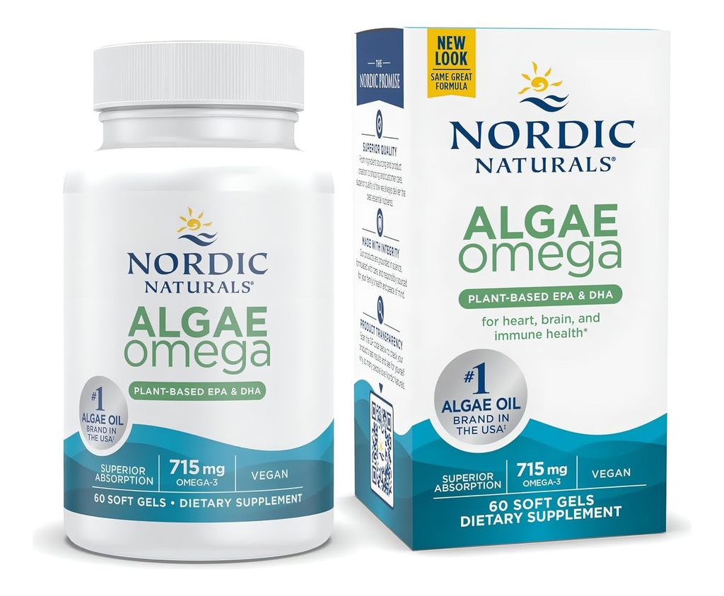 Nordic Naturals Algae Omega - 60 Soft Gels - 715 mg Omega-3 - sertifikalı Vegan Algae Oil - Plant-Based EPA & DHA - Heart, Eye, Immune & Brain Health - Non-GMO - 30 Servisler