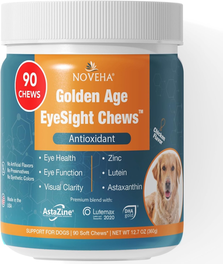 Köpekler için NOVEHA Eye Supplement (90 Chews)- Vizyon Desteği Lutein + Vitamin C & Astaxanthin Antioksis - 3 Omega için Köpek Vitaminleri - ABD'de Yap