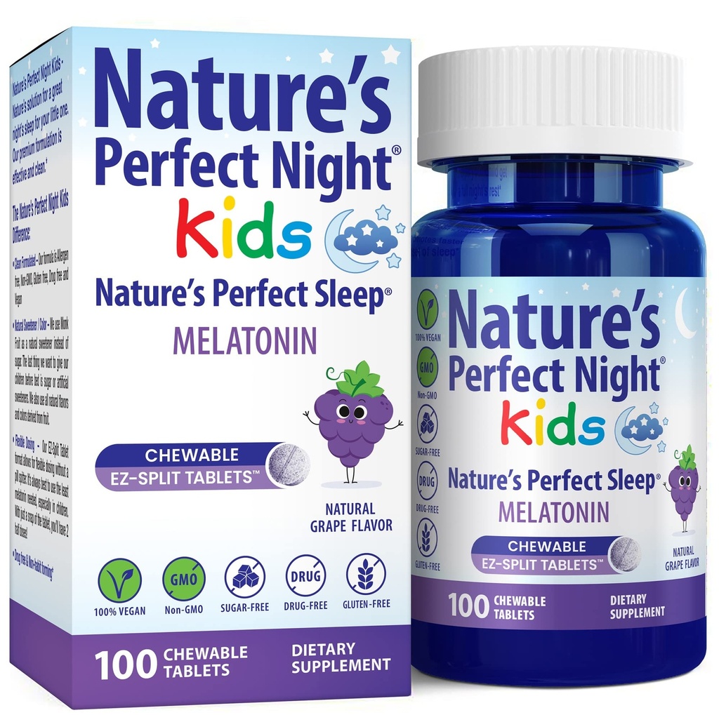 Nature's Perfect Night Kids | Kids Melatonin 1mg | 100 Chewable Tabletler | Doğal Grape Flavor | Sugar Free | Vegan | Gluten Free | İlaç Ücretsiz | Değer Boyut