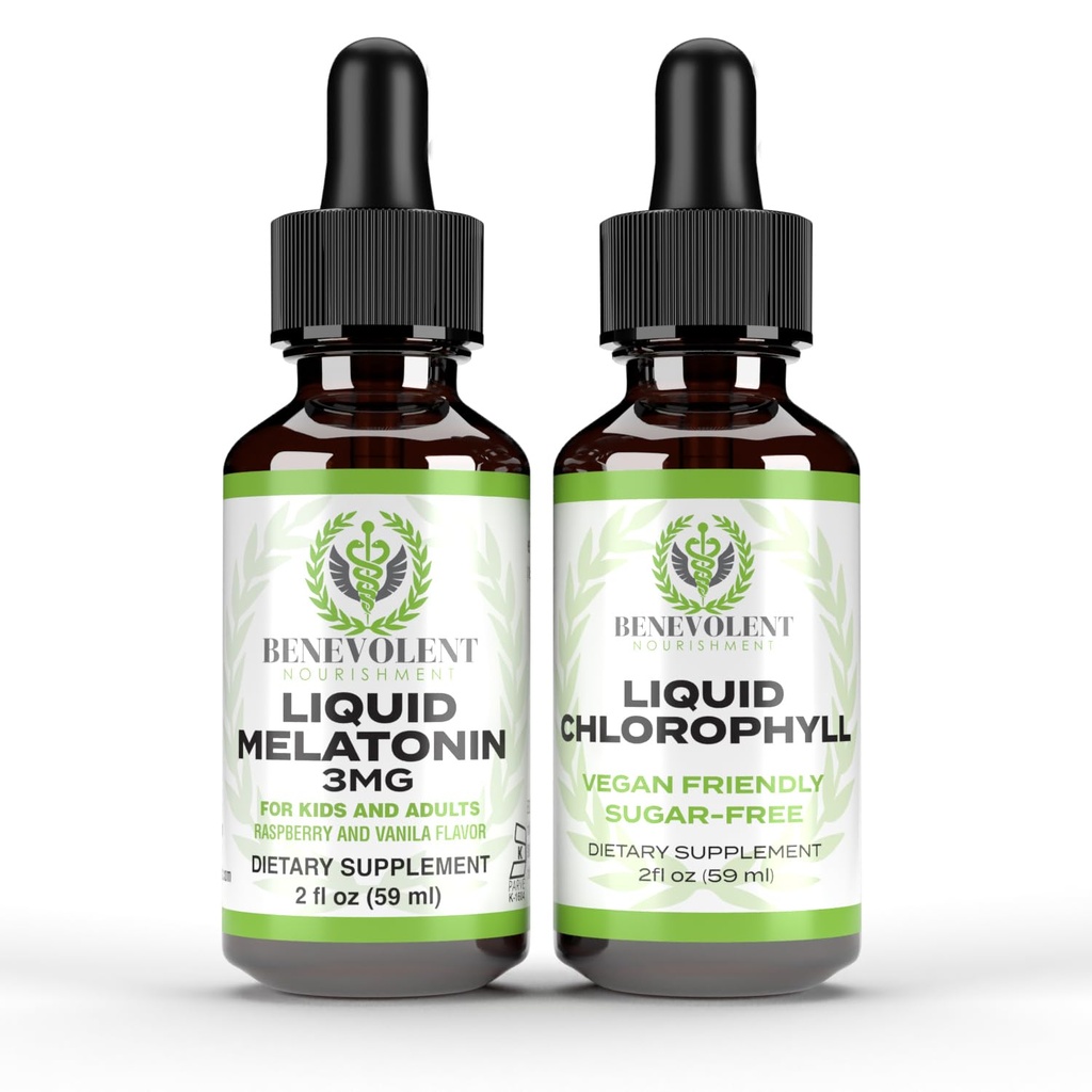 Çocuklar ve Yetişkinler için sıvı Melatonin 3 mg & Liquid Chlorophyll Sche - Doğal Uyku Yardımı Drops, Berry Vanilla Flavor, ABD'de Made in USA - Sleep Support & Skin Support