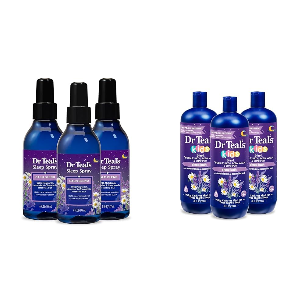 Dr Teal's Sleep Spray με μελατονίνη και αιθέριο έλαιο Blend, 6 fl oz (Pack of 3) & Kids 3-in-1 Sleep Bath: Bubble Bath, Body Wash & Shampoo με μελατονίνη & αιθέριο έλαιο, 20 fl oz (Pack of 3)