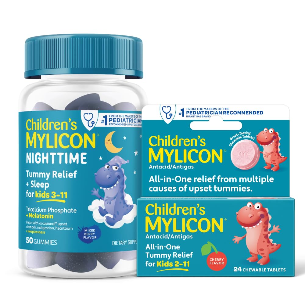 MYLICON Tummy Relief for Kids Bundle, Daytime Tummy Relief Tablets + Nighttime Gummies with Melatonin