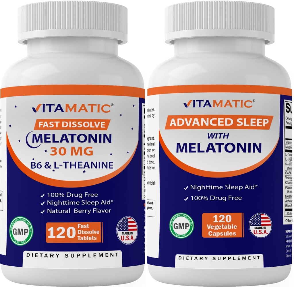 Vitamatic Melatonin 30mg Κατασκευασμένη με B6, Μαγνήσιο, L-Θεανίνη, L-Tryptophan, 5-HTP, GABA, Βαλεριάνα, Χαμομήλι, Πάθος Λουλούδι, Ashwagandha & Μαύρο Πιπέρι