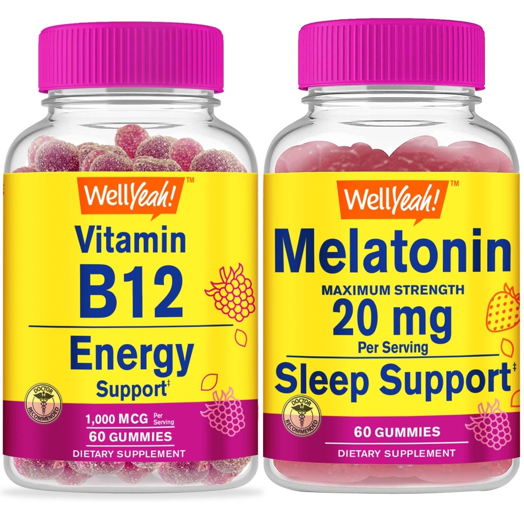 WellYeah Βιταμίνη B12 1000mcg + Μελατονίνη 20mg, Gummies Bundle - Μεγάλη γεύση, συμπλήρωμα βιταμίνης, χωρίς γλουτένη, GMO δωρεάν, Μασώμενο Gummy