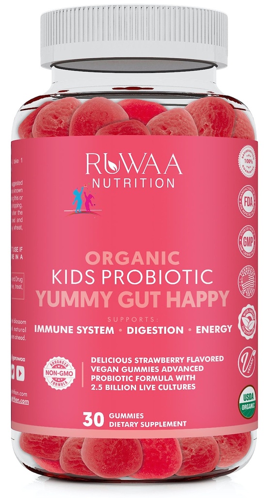 RUWAA NUTRITION Kids Organic Probiyotik Gummies for Digestive Health, Immune Support, Constipation, Bloating. 2.5 Milyar CFU, Strawberry Flavor, Çocuk Çağı Egzersizi için Faydalı Probiyotikler, 30ct (1)