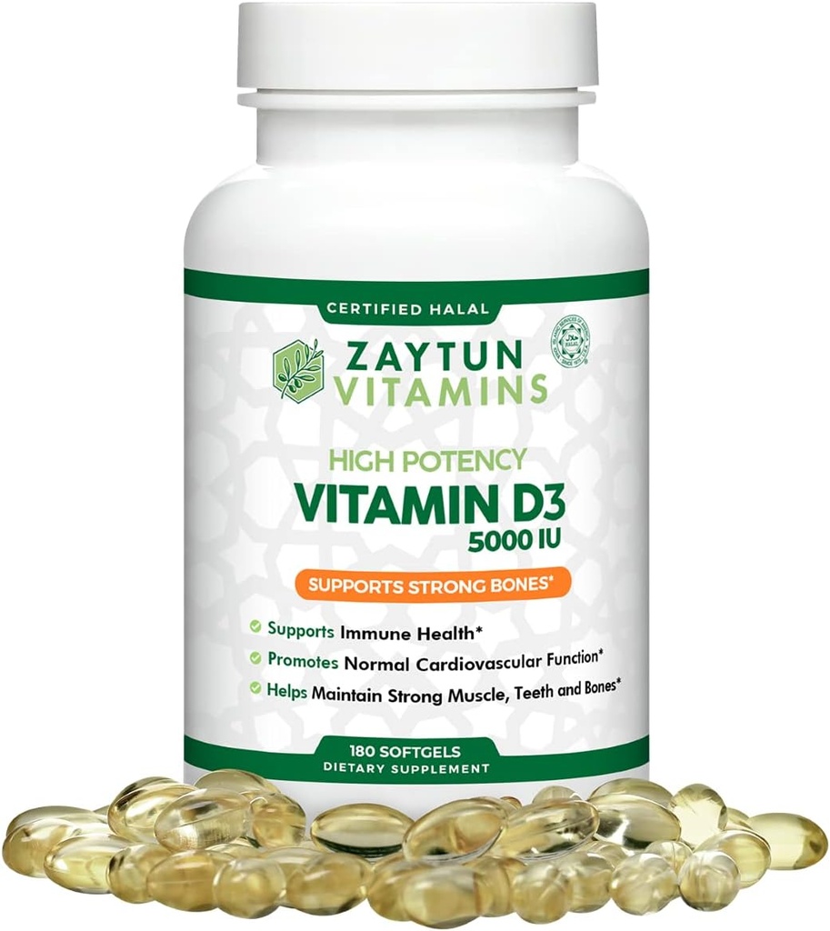 Zaytun Halal Βιταμίνη D3 5000 IU, 180 Mini Softgels, Υποστηρίζει οστά, υγιή μυϊκή λειτουργία & ανοσοποιητικό, Premium βιταμίνη D από Λάδι Safflower, 6 Μήνες προσφοράς, μη GMO, χωρίς γλουτένη, Κατασκευασμένο στις ΗΠΑ