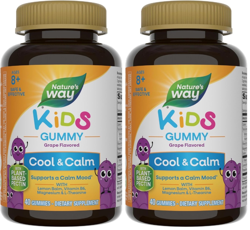 Nature's Way Kids Cool & Calm Gummies, 8+*,Lemon Balm,Magnesium,Vitamin B6,L-Theanine,Grape Flavored,Vegetarian,(Package May Vary)40 Count (Packing 2)