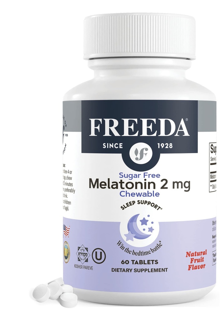 FREEDA Melatonin 2mg Sugar-Free Chewables – Natural Sleep Aid for Adults & Kids – Vegan, Kosher, Gluten-Free, Non-GMO, Easy Bedtime Support – 60 Tablets