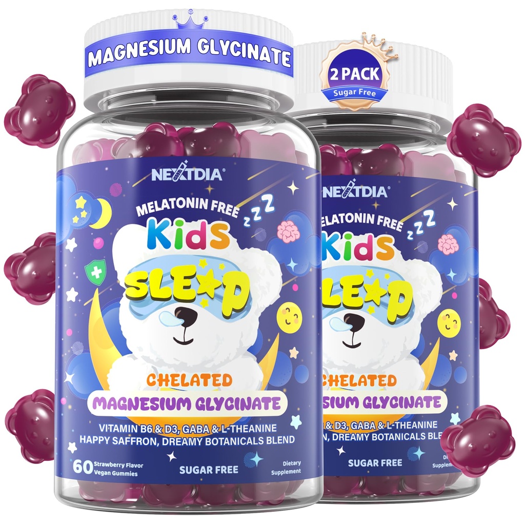 Kids Sleep Gummies NO Melatonin - Magnesium Glycinate Gummies + Saffron, GABA, Berry & Nut Superfood, Sugar Free Nighttime Sleep Aid & Calm for Kids 4+ Teens, Relaxation, Brain & Muscle, 2Pack