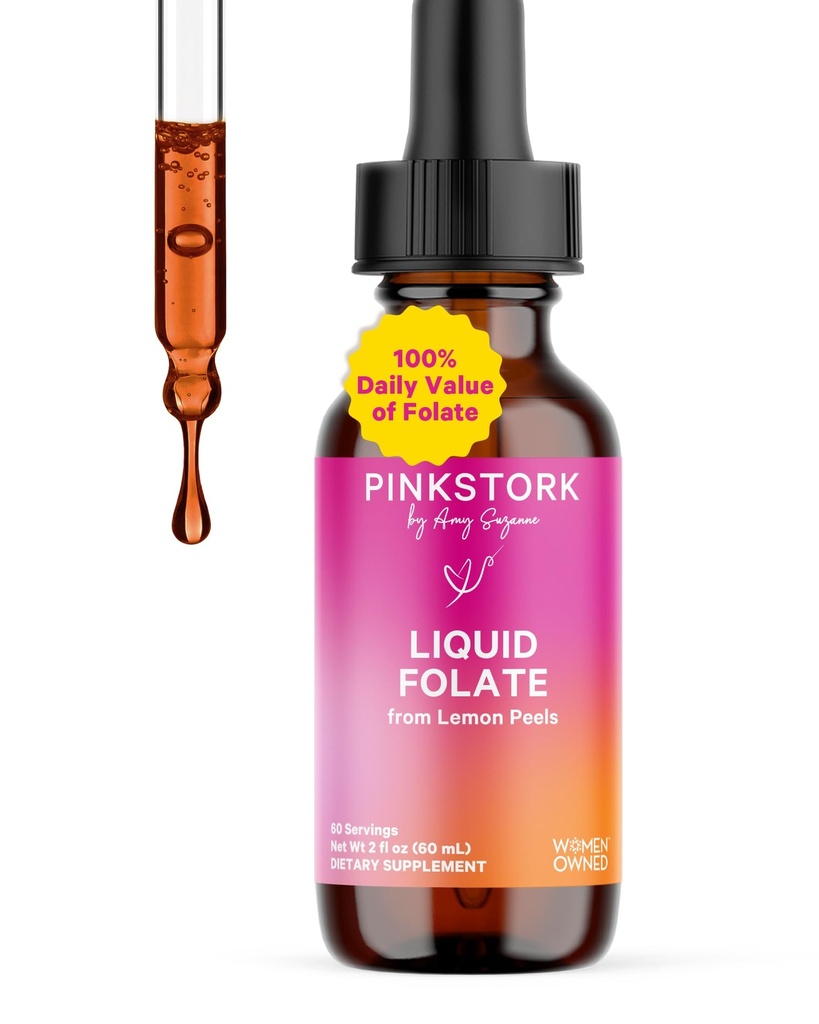 Pink Stork Liquid Folate Drops – 5-MTHF Mefolate B9 Vitamin | Kadınlar için Sıvı Folic Asit Alternatif | Prenatal Folate, Non-GMO, Vegan, Sublingual Mefolate Supplement | 2 fl oz