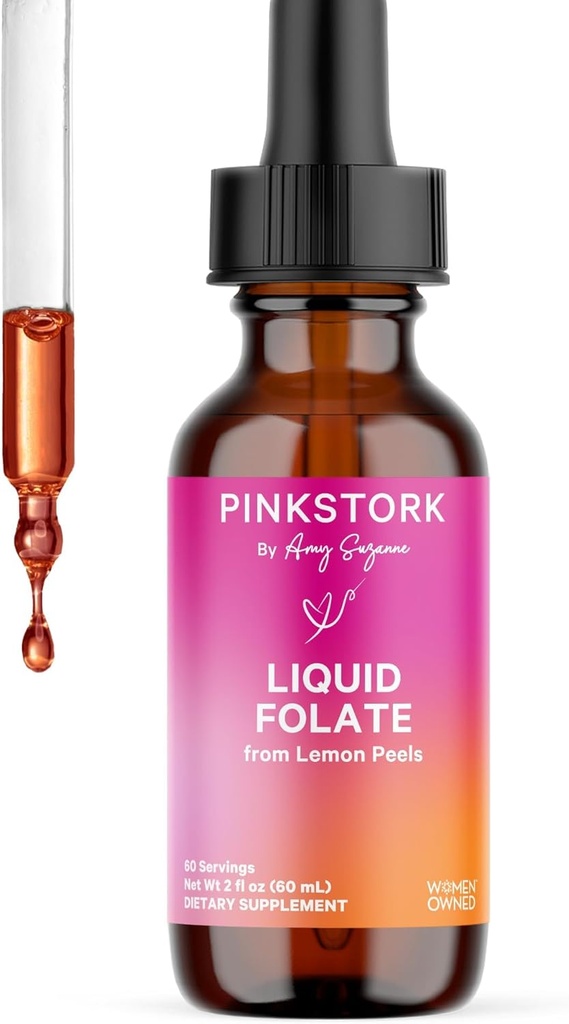 Pink Stork Liquid Folate Drops – 5-MTHF Mefolate B9 Vitamin | Kadınlar için Sıvı Folic Asit Alternatif | Prenatal Folate, Non-GMO, Vegan, Sublingual Mefolate Supplement | 2 fl oz