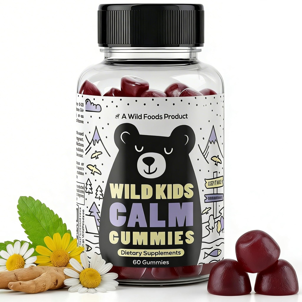 Vahşi Gıdalar Çocuklar Calm Gummies - Çocuklar için Ashwagandha Gummies w/GABA, L-Theanine, Lemon Balm & Charmomile - Doğal Rahatlama, Stres Yardım ve Uyku, Çocuklar için Egzersiz, Berry Flavor, 60 Count