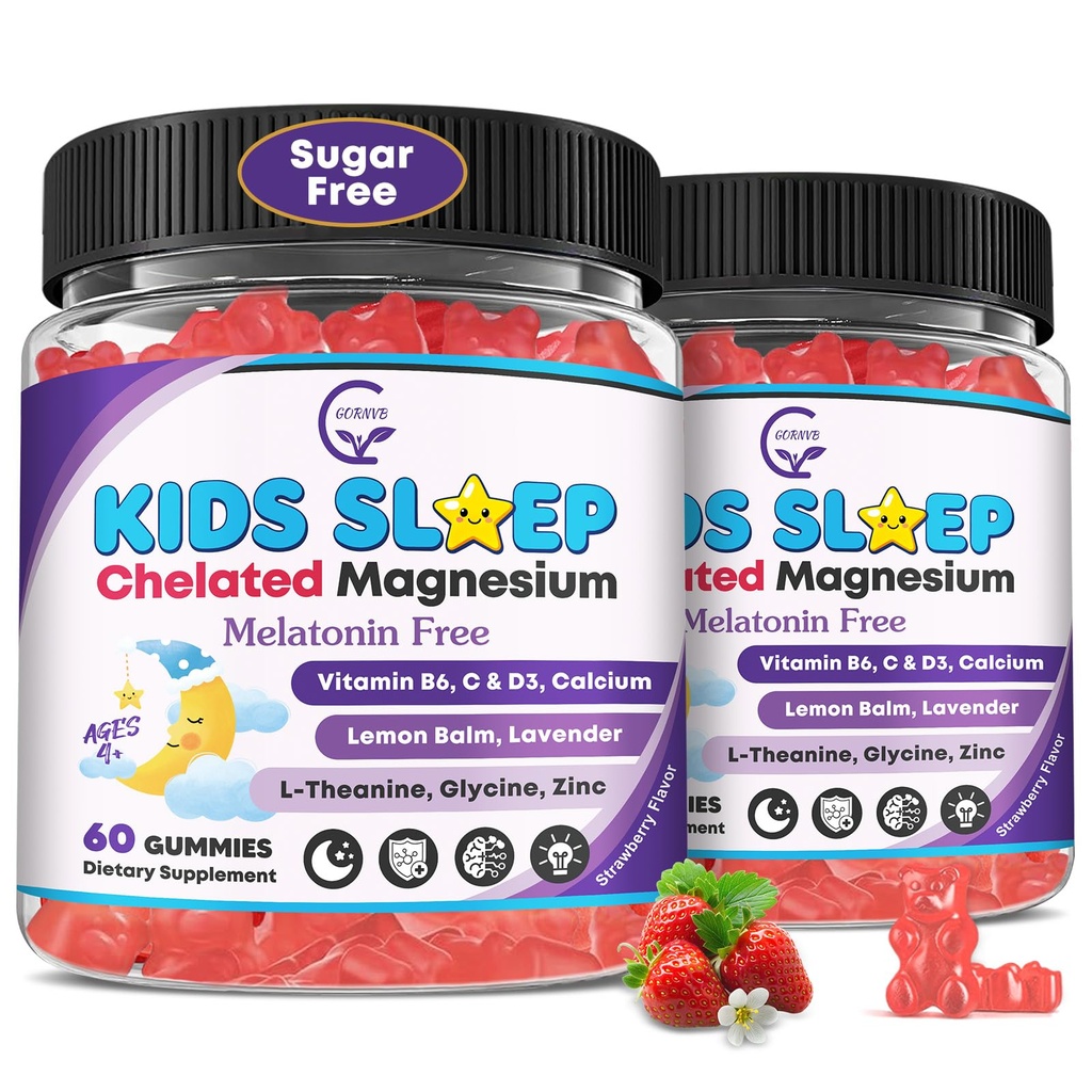 Kids Sleep Gummies, NO Melatonin Sleep Aid Gummies w/ Magnesium Glycinate, Calcium Citrate, L-Theanine, GABA, Vitamin D3 K2 B6 Zinc, Chamomile & Lemon Balm for Zzz & Relax, Brain, Bone, Non-GMO 2Pack