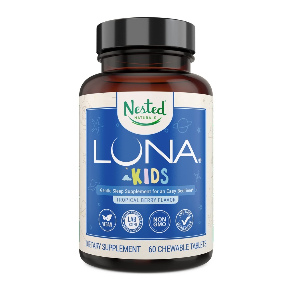 Φωλιασμένα φυσικά παιδιά Luna®, απαλό συμπλήρωμα ύπνου, τροπικό μούρο, 60 μασώμενα δισκία