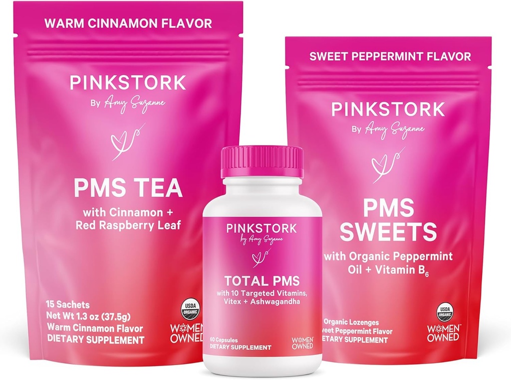 Pink Stork PMS Support Trio: Period Relief Supplements, Cinnamon Tea, + Peppermint Sweets, Menstrual Support, First Term Kit, Hormon Balance for Health Menstrual Cycle, Women-Owned