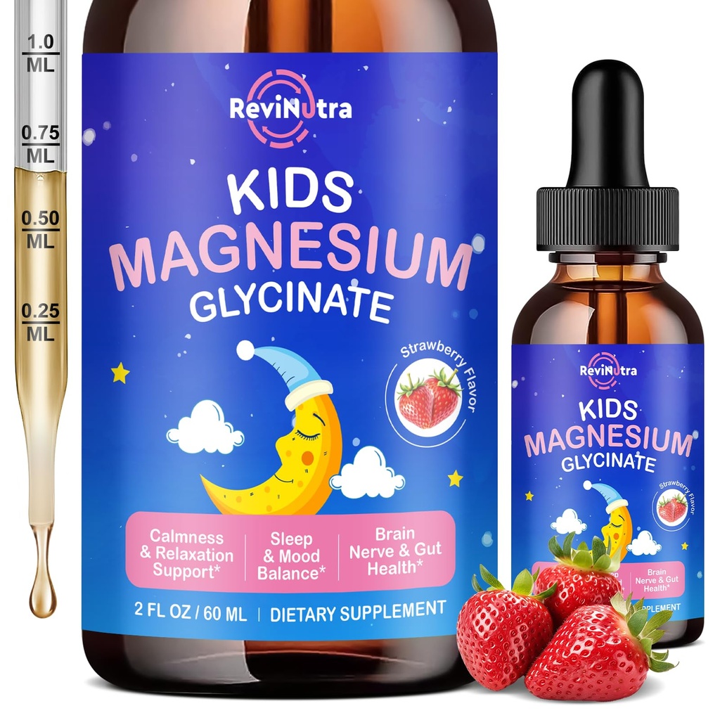 Magnesium Glycinate Liquid for Kids - Citrate, Malate with Omega-3, L-Theanine, GABA, Chamomile, 5-HTP, D3, Zinc, Kids Magnesium Drops for Sleep, Calm, Relaxation & Focus, Strawberry Flavor, 2 Fl Oz