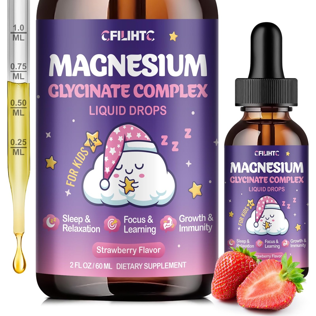 Magnesium Glycinate Liquid for Kids - Magnesium Bisglycinate Drops with L-Theanine, Chamomile & Vitamin B6, B12, C, D3 for Sleep, Relaxation, Immune Support, Calm & Focus - 2 Fl Oz, Strawberry Flavor
