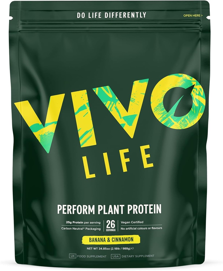 Vivo life Perform Plant Protein Powder - Pea & Hemp Protein Blend με BCAA (34,85 oz, Μπανάνα & Κανέλα)