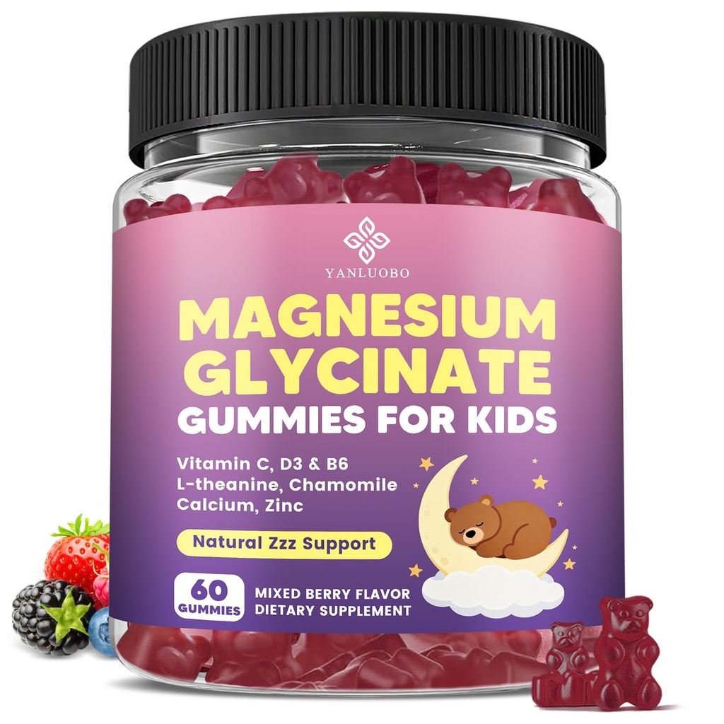Kids Magnesium Gummies, Magnesium Glycinate Gummies 400mg/200mg with L-Theanine, Chamomile, Vitamin B6, D3 for Kids, Relaxation & Zzz Support, Nerve Bone - Sugar Free Mixed Berry Flavor 60ct