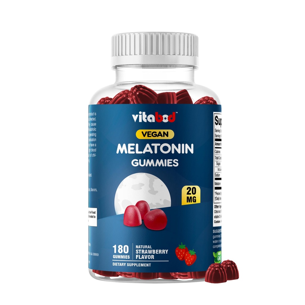 Vitabod Melatonin 20mg Gummies - 180 Count - Χωρίς φάρμακα - Φυσικό άρωμα φράουλας - Χορτοφάγος, μη ΓΤΟ, Χωρίς γλουτένη (1 μπουκάλια)